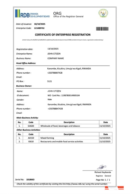 Rwanda certificate of enterprise registration Word and PDF template